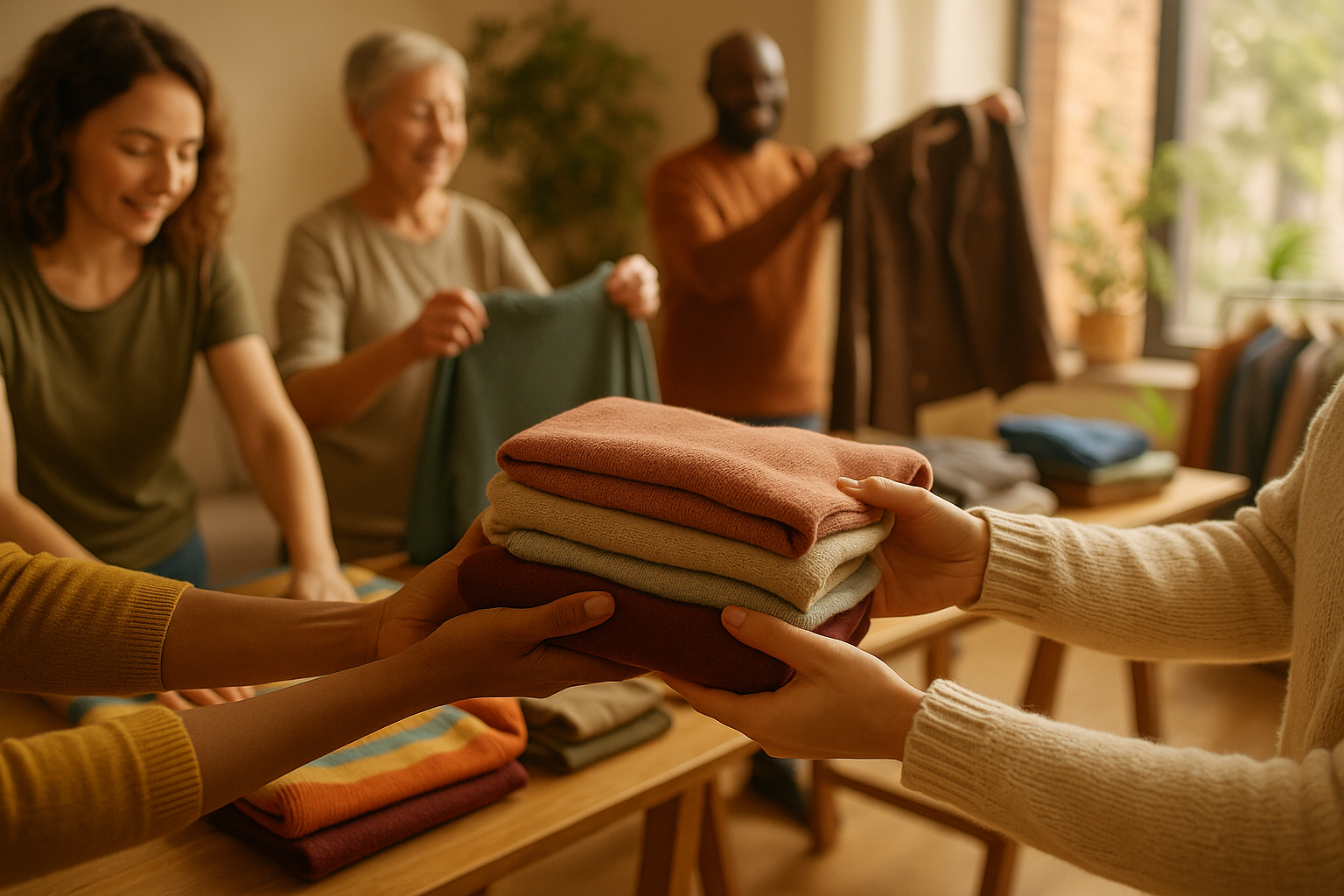 Create an inspiring, heart-warming (image banner) that represents giving pre-loved clothes a new life. Show the beauty of community sharing—people donating gently used garments, folded clothes waiting to be re-worn, or hands exchanging items with care. Convey kindness, hope, and dignity rather than charity. The scene should feel authentic, inclusive, and human—reflecting empathy, sustainability, and connection. Capture the spirit of second chances: clothing being passed on, renewed, and appreciated again.