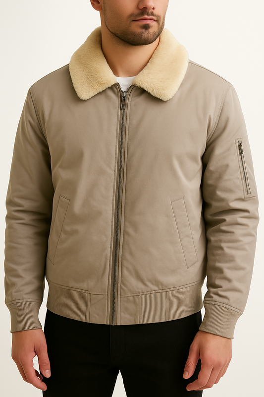 Men’s Shearling-Collar Jacket – Taupe Beige
