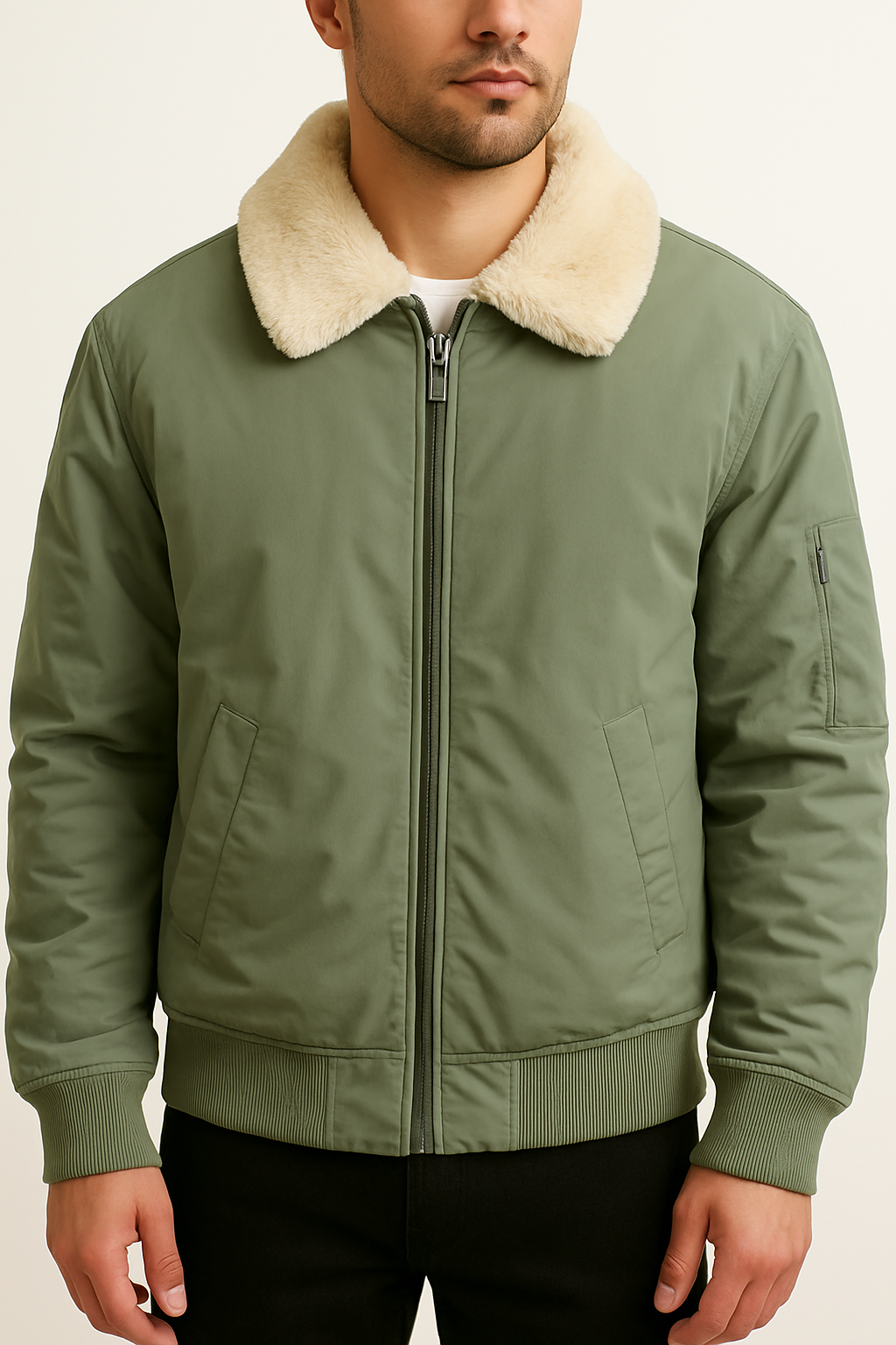 Men’s Shearling-Collar Jacket – Olive