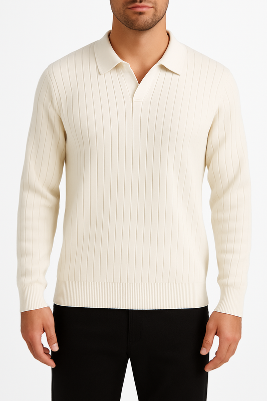Men’s Ribbed Knit Polo Sweater – Ivory