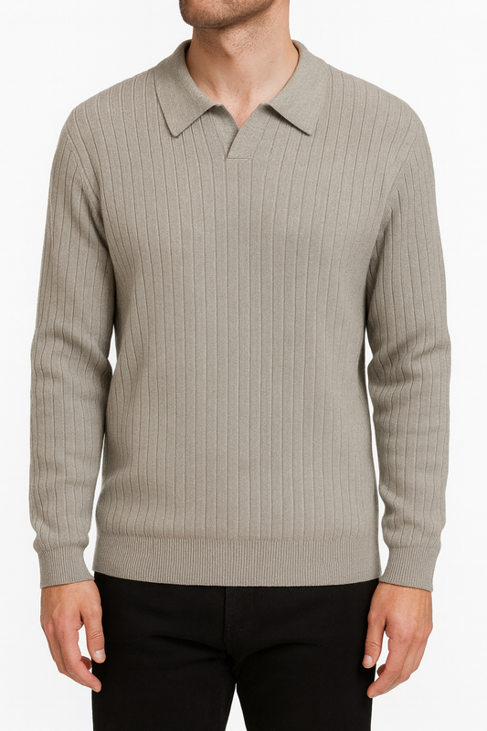 Men’s Ribbed Knit Polo Sweater – Grey