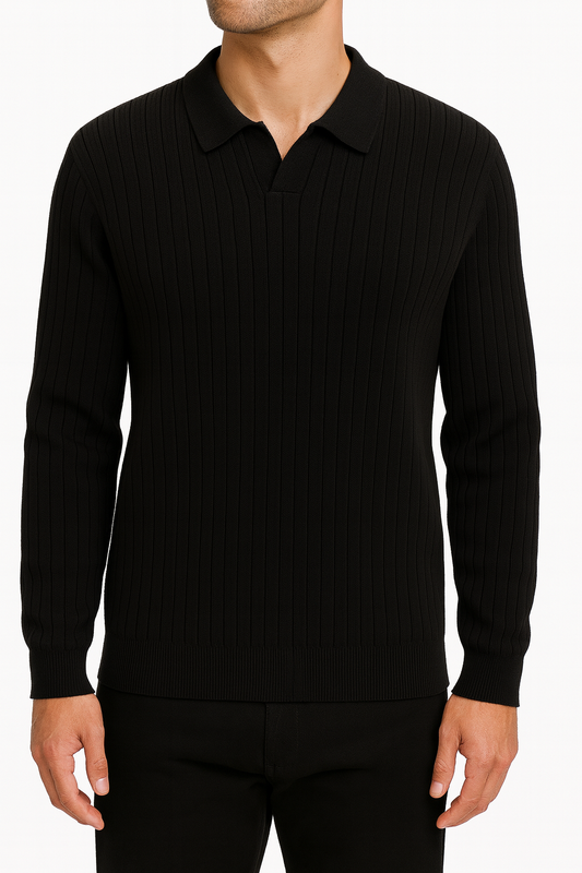 Men’s Ribbed Knit Polo Sweater – Black