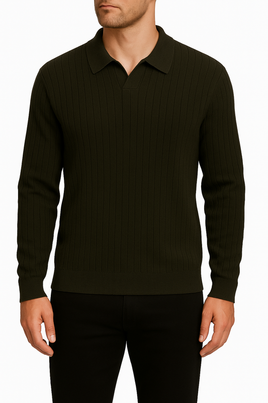 Men’s Ribbed Knit Polo Sweater – Olive