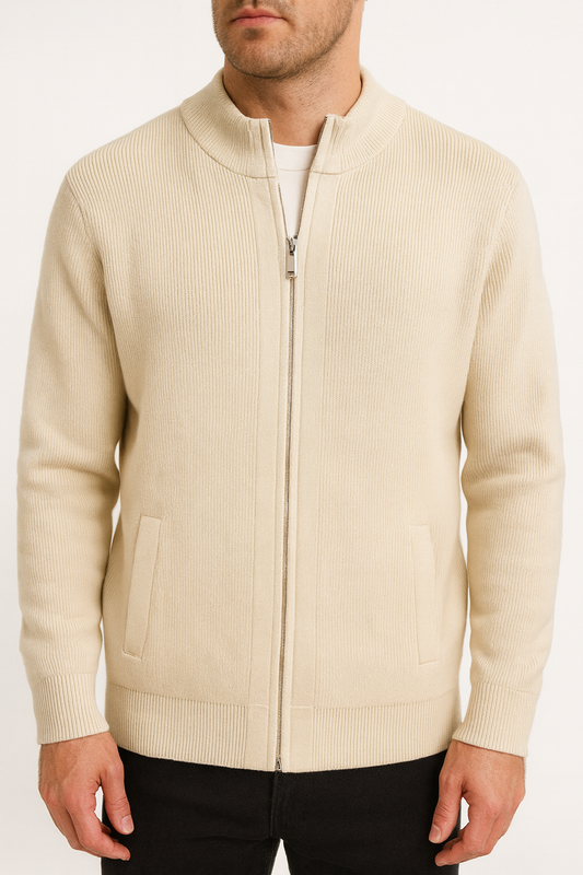 Men’s Full-Zip Knit Cardigan – Cream Beige
